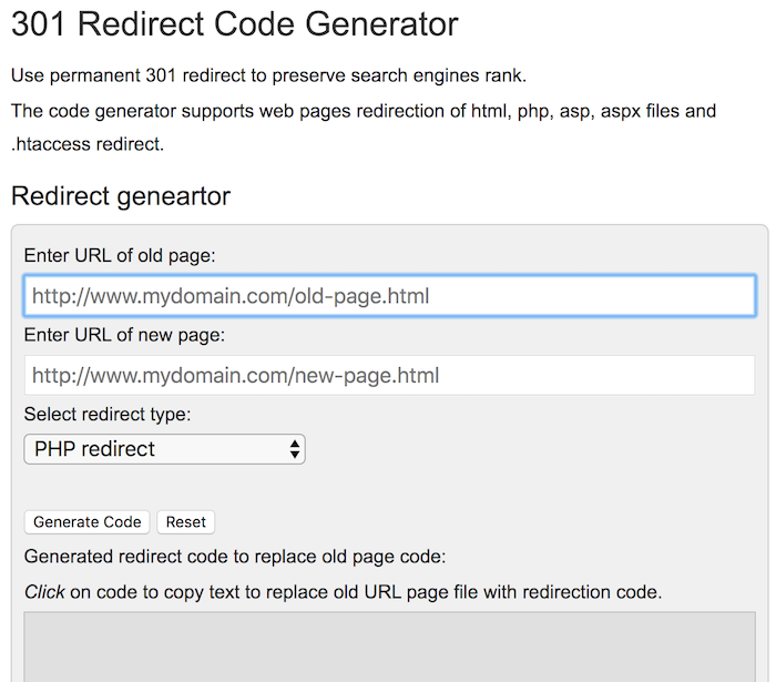 301 redirect code generator free SEO tool