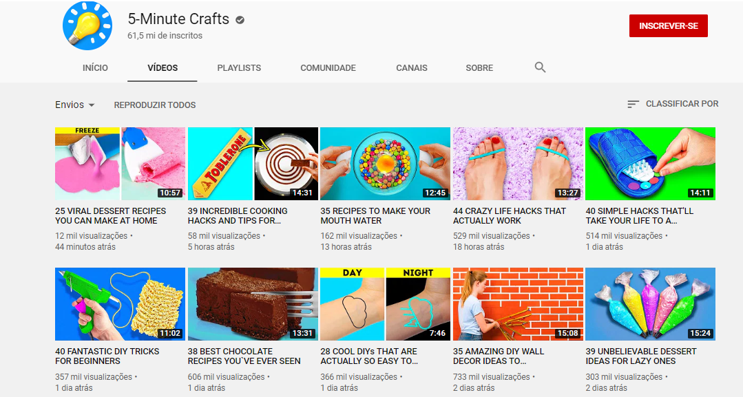 pagina de canal 5-minute crafts na plataforma youtube