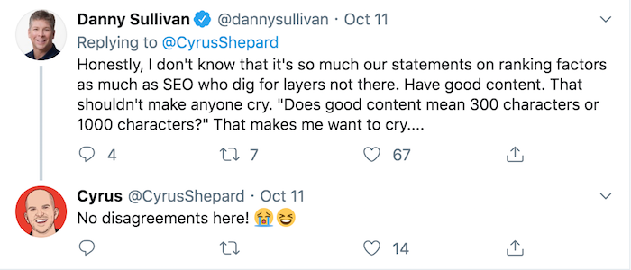 danny sullivan tweet sur la qualité du guide de mise à jour BERT 