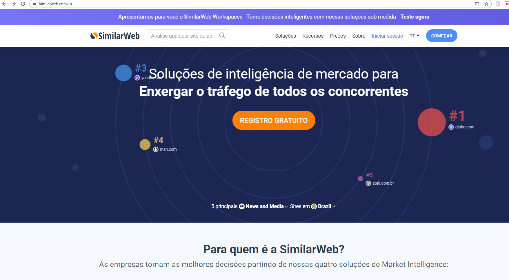 página inicial da plataforma SimilarWeb