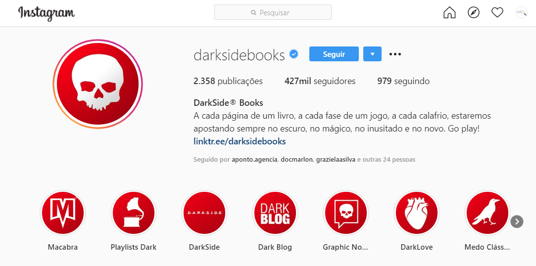darksidebooks como exemplo de biografia de instagram de negócios