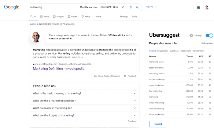 Ubersuggest Chrome Extension