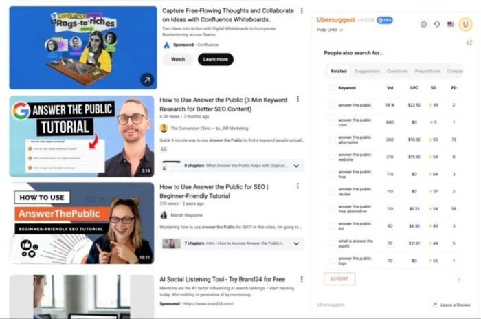 informações de SEO no lado direito da busca do youtube