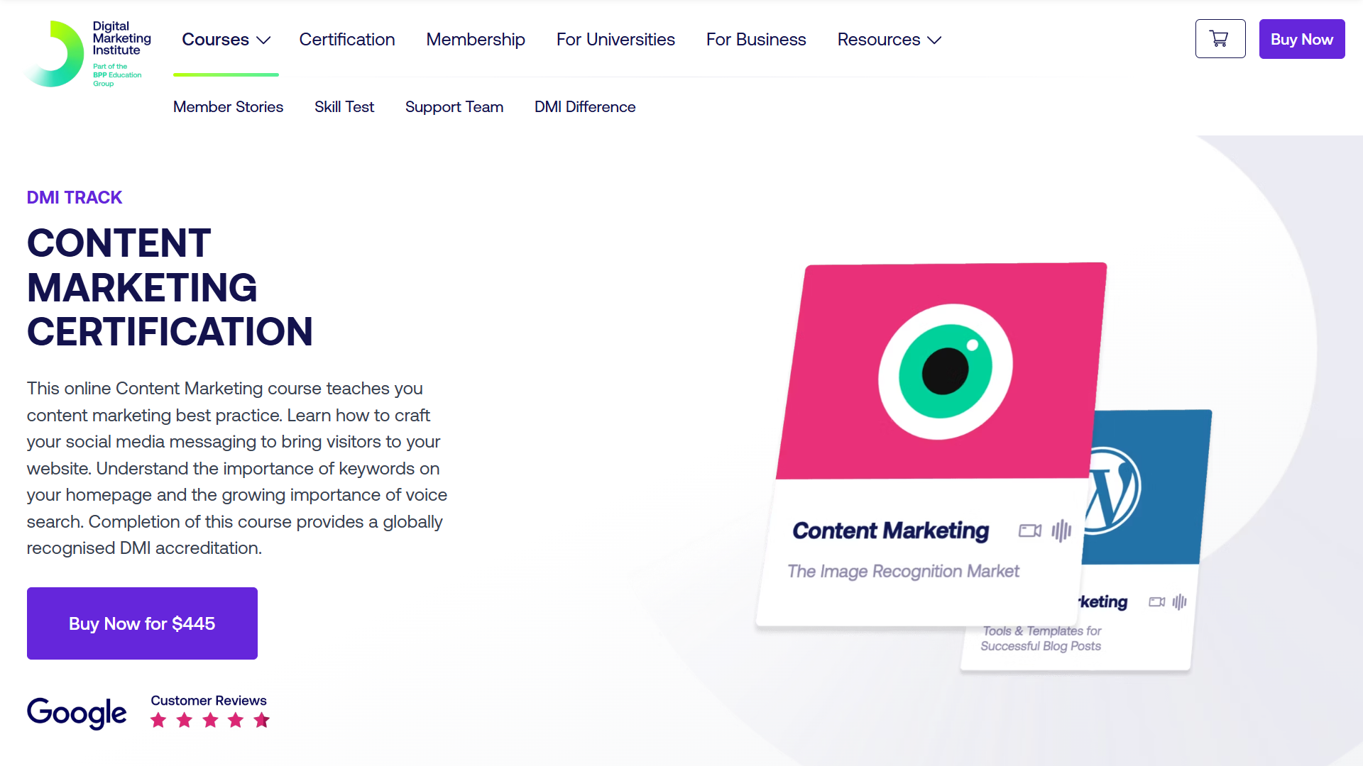 Content Marketing Certification page with a buy now button from the Digital Marketing Institute (DMI).