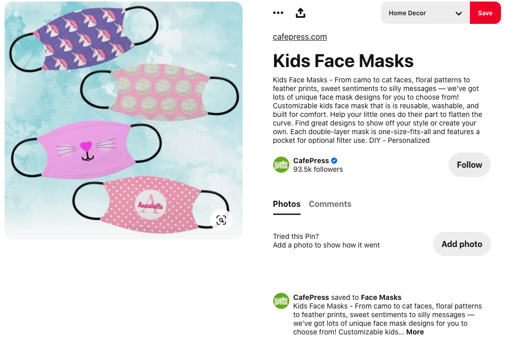 Pinterest SEO example of face masks