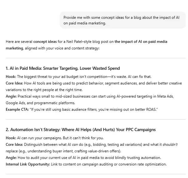 An interaction with ChatGPT to create blog prompts about paid media.