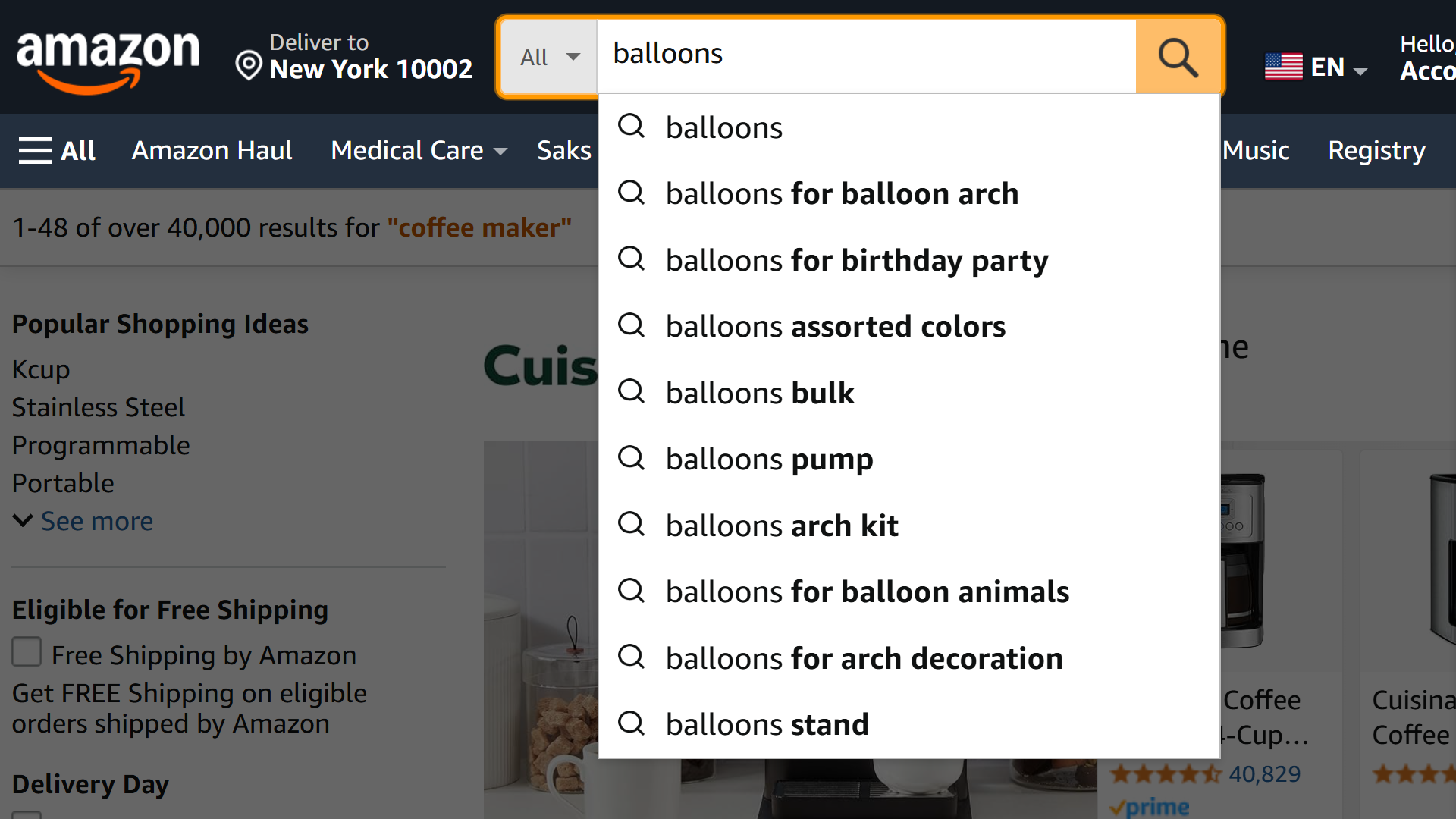 Amazon search for "balloons."