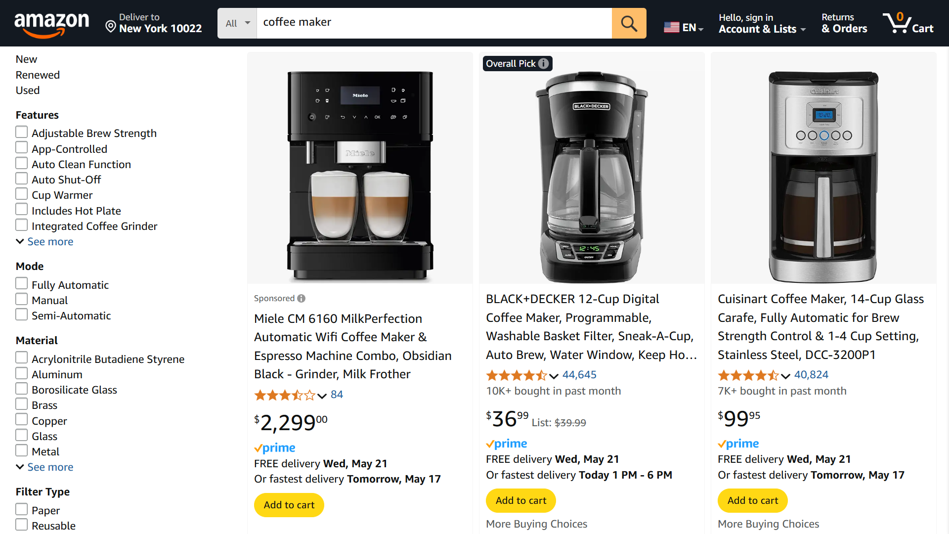 Amazon search results for coffee maker.
