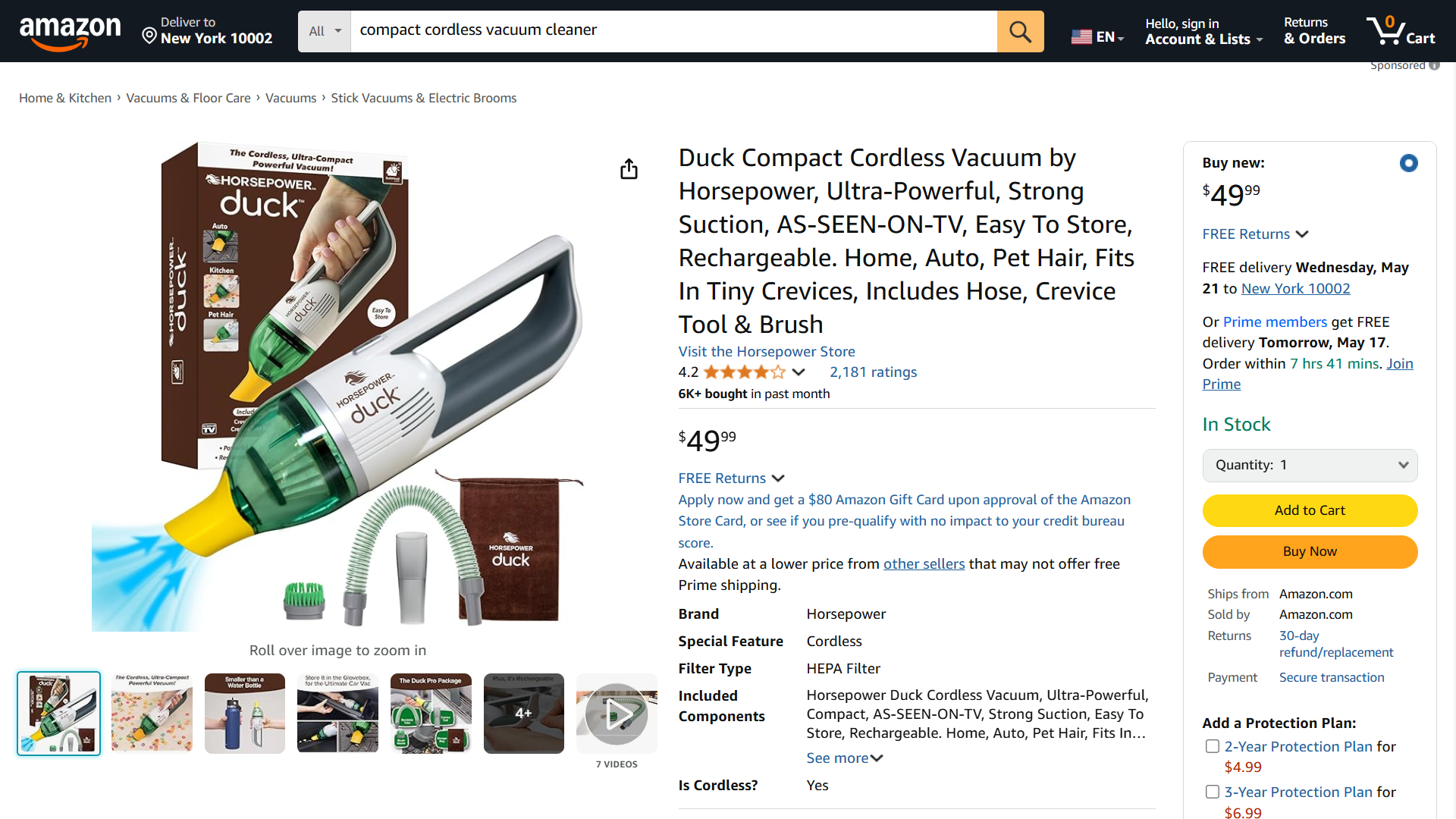 Compact cordless vacuum product page on Amazon.