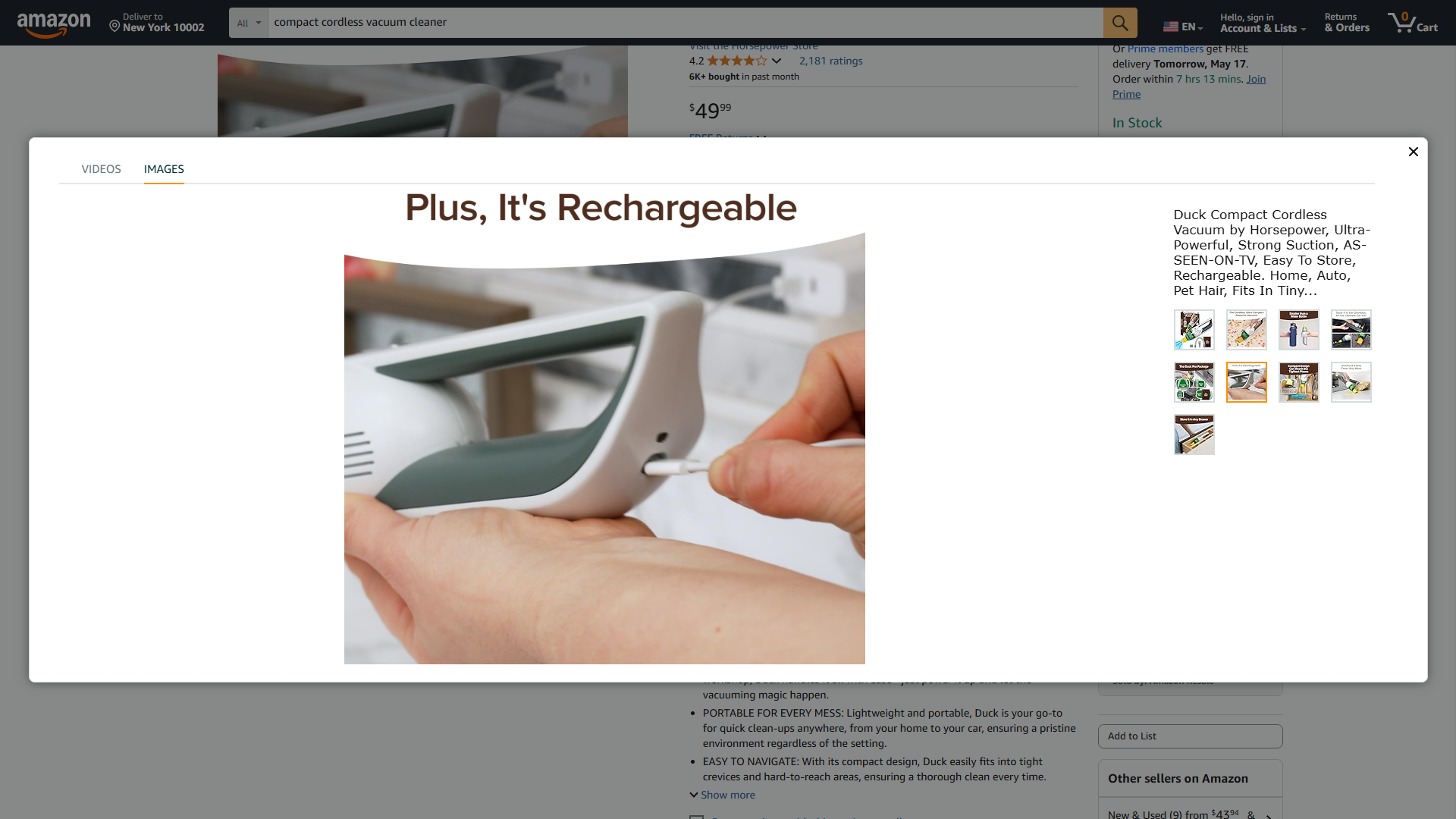 Rechargeable compact cordless vacuum on Amazon with an image of plugging it in.