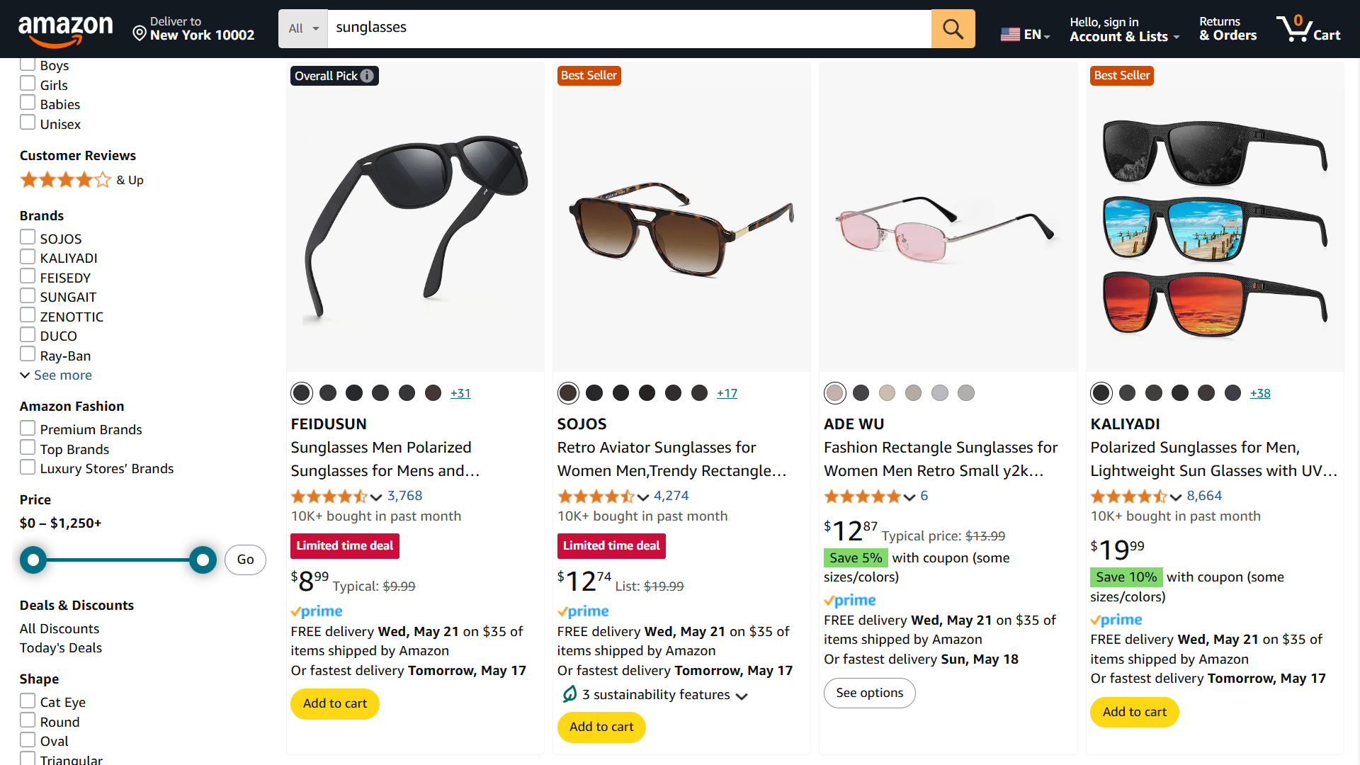 Amazon search results for sunglasses.
