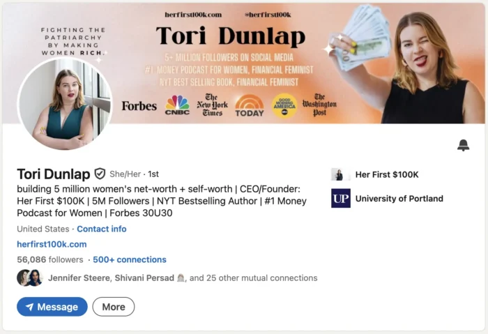 Tori Dunlap's Linkedin Page.