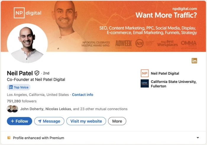 Neil Patel's Linkedin profile.