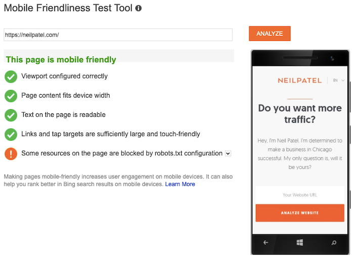 bing analytics mobile friendly
