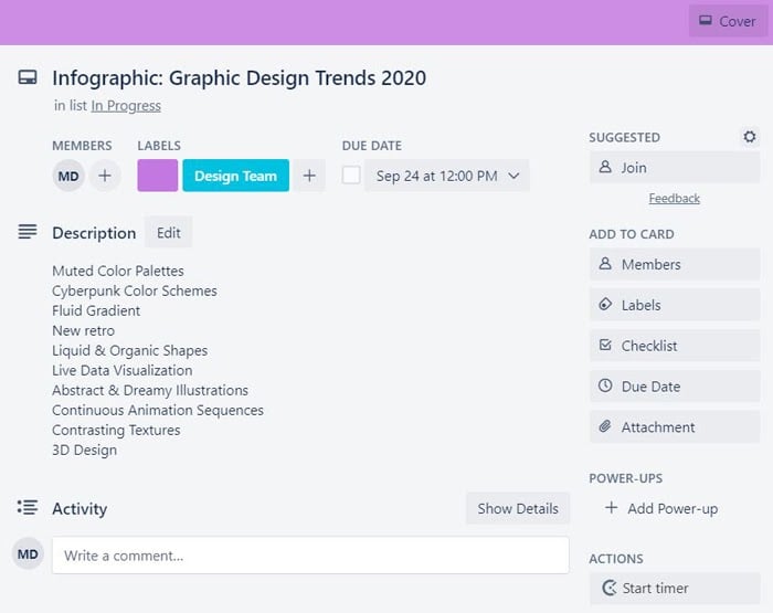 trello card example to build a marketing calendar