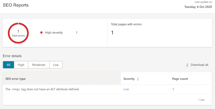 SEO report in Bing Analytics