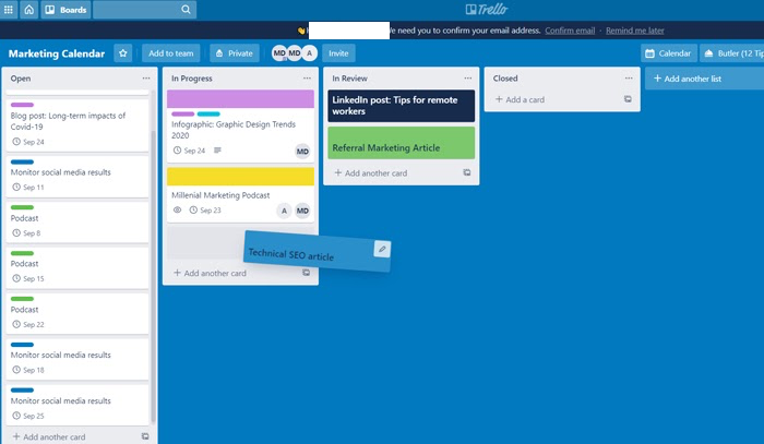 trello card example in marketing calendar