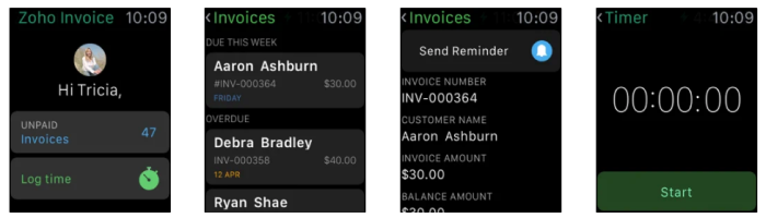 A screenshot of the Invoice and Tracking app for the Apple Watch