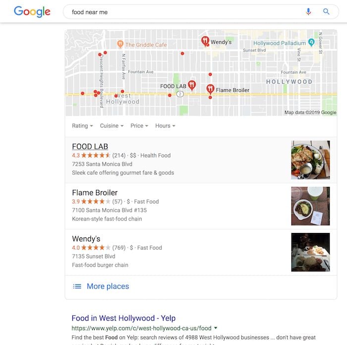 An example of a search engine results page with food results. 