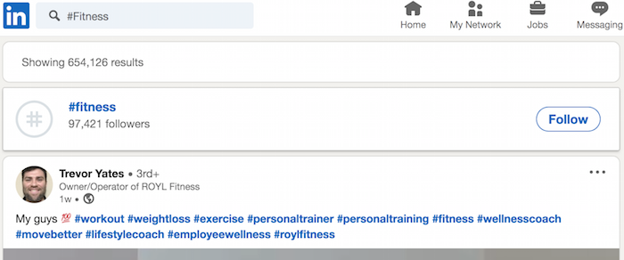 LinkedIn Top Hasthags LinkedIn option for following the fitness hashtag