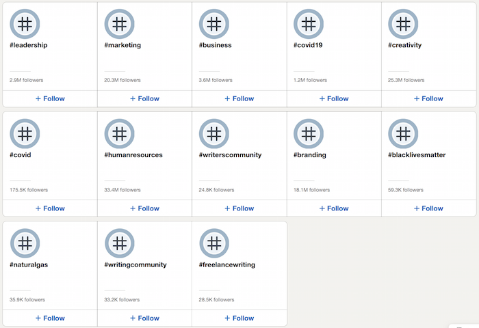 LinkedIn Top Hasthags screen of other hashtags LinkedIn recommends