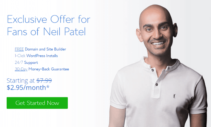Exclusive shared hosting offer for fans of Neil Patel, starting at $2.95 per month. 