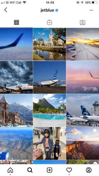 Screenshot of JetBlues usage of Instagram filters