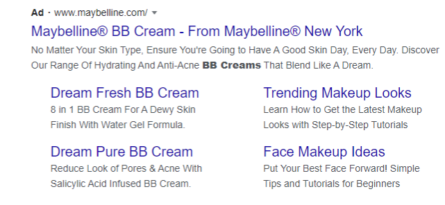 Screenshot of Maybelline PPC ad copy writing skills