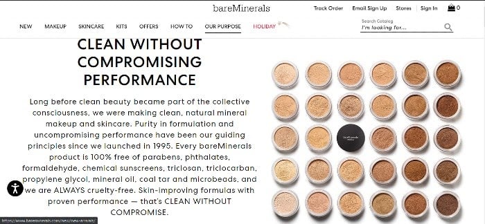 Skincare marketing bareMinerals home page