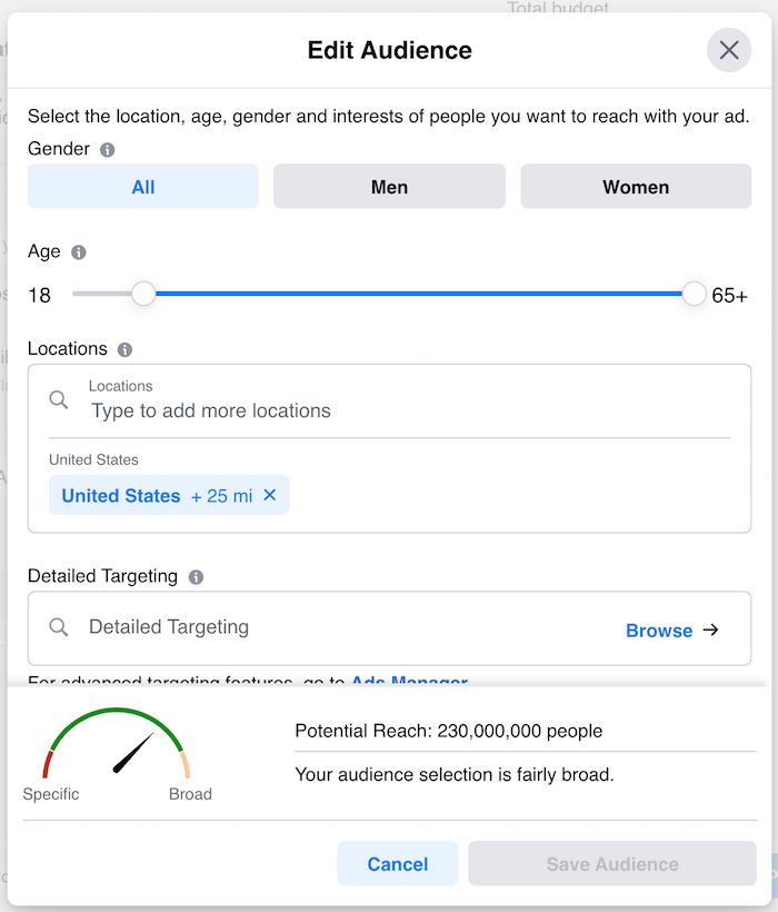 Using Facebook Top Hashtags Screenshot of Facebook ad target market options