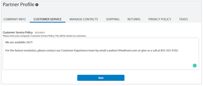 Walmart Marketplace Partner Profile form