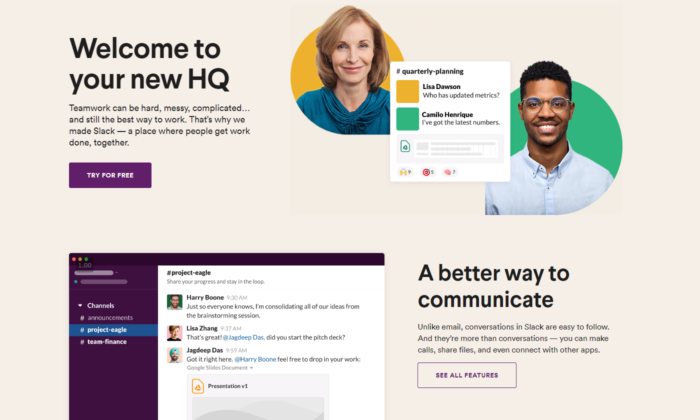 SLACK landing page example 