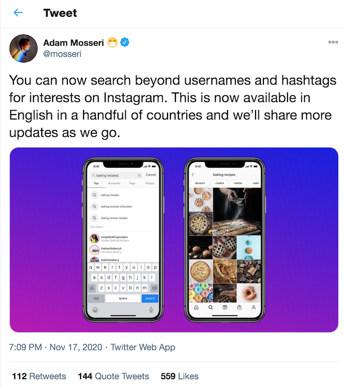 Instagram SEO Adam Mosseris search by interest announcement on Twitter