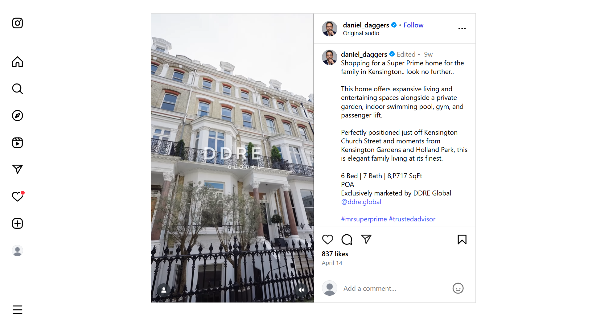 Daniel Daggers Instagram post with a video of a property walkthrough.