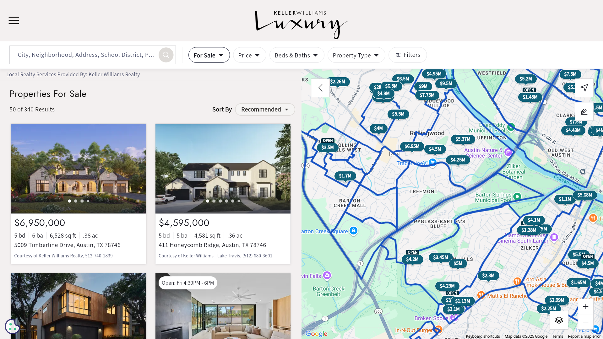 Map and list of real estate listings on the Keller Williams website.