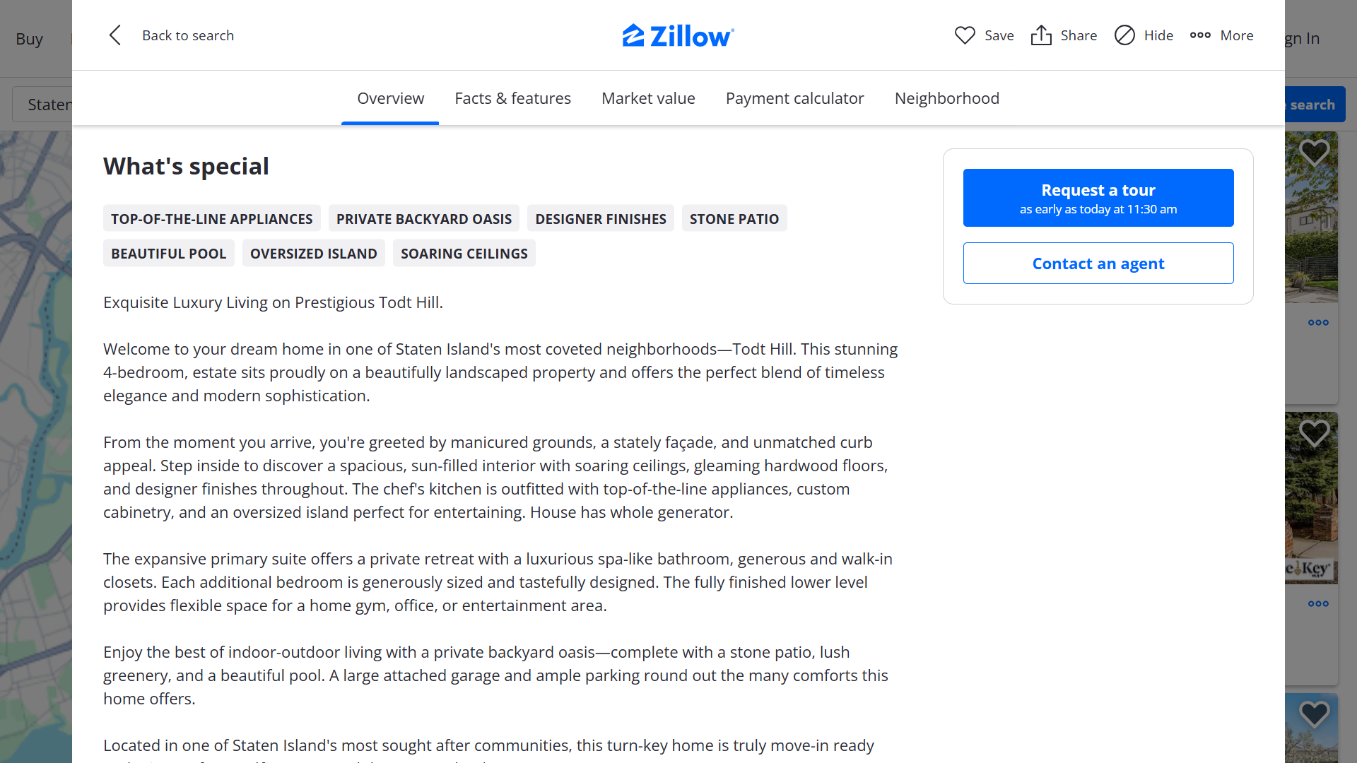 Zillow real estate listing overview describing what's special about the listing.