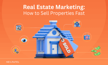 Illustration of a house with a sold tag and text that reads "Real Estate Marketing: How to Sell Properties Fast."