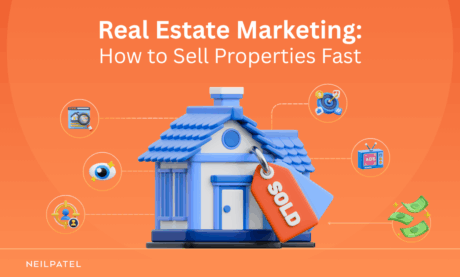 Illustration of a house with a sold tag and text that reads "Real Estate Marketing: How to Sell Properties Fast."