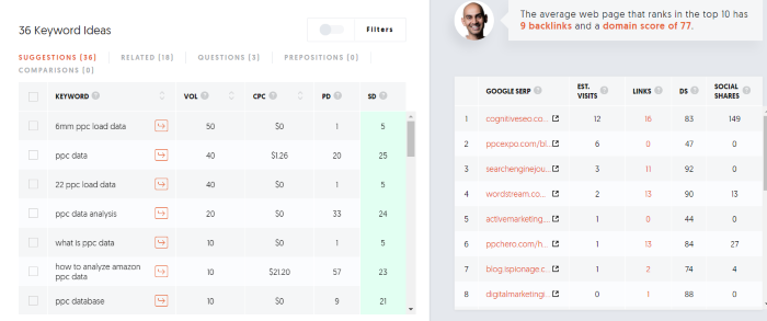 Ubersuggest keyword ideas PPC ad data