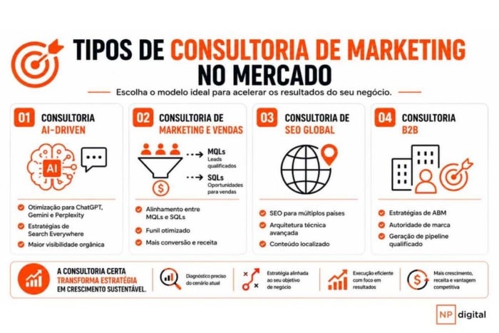 Infográfico explicativo sobre os quatro principais tipos de consultoria de marketing no mercado pela NP Digital.
