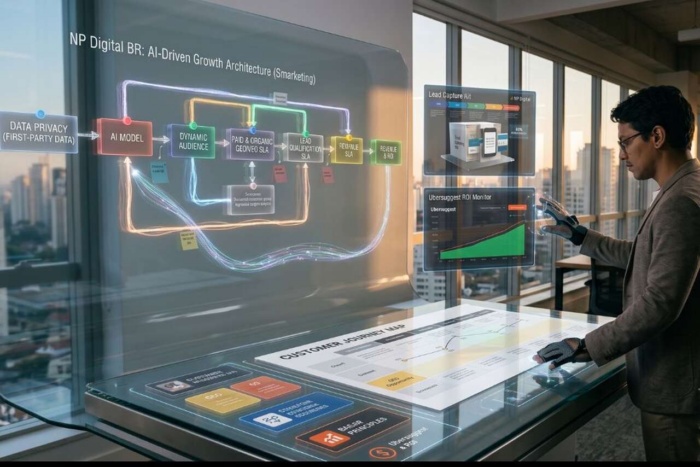 Homem verificando todos os processos de uma consultoria de marketing digital em uma sala moderna e inovadora.