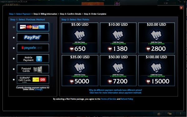 Captura de pantalla del juego como servicio de League of Legends en la pantalla de compra del juego