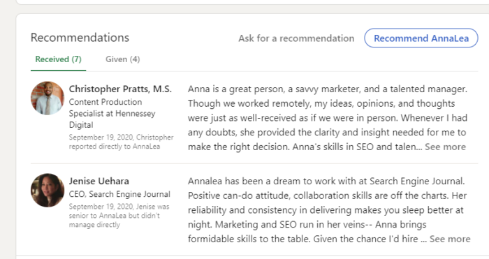 linkedin recommednations customer testimonials 