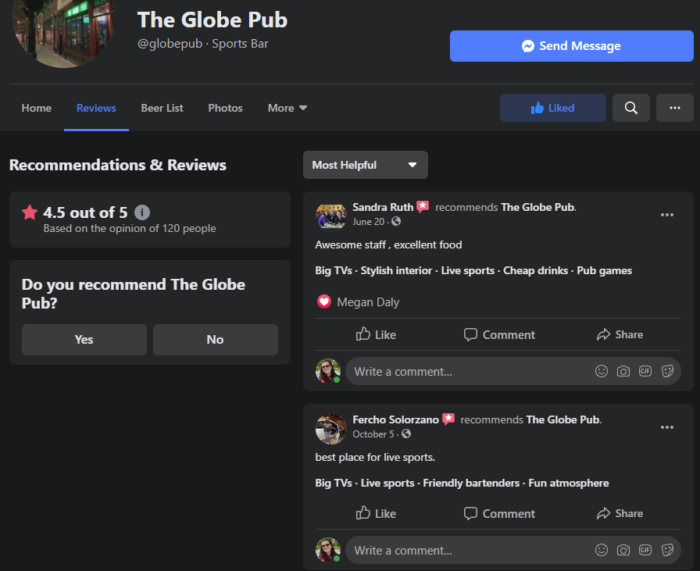 customer testimonials on facebook the globe pub