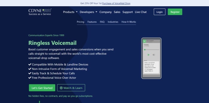 CDYNE offers ringless voicemail as one of its features