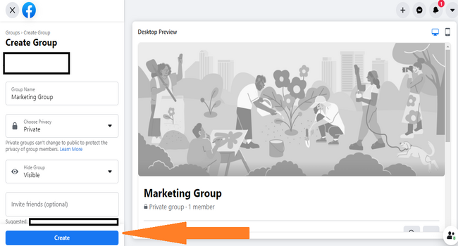 Step #2 to create a Facebook group