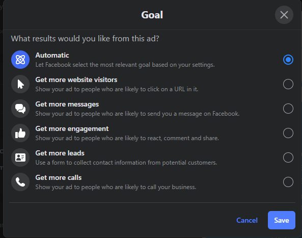 A screenshot showing however  to acceptable   advertisement  goals connected  Facebook.