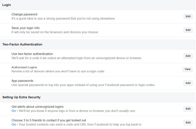 screenshot of facebook's security settings to prevent facebook hacks