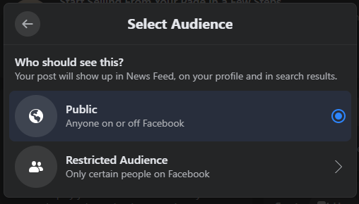 Someone selecting Public connected  their targeting options connected  Facebook.