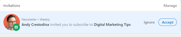 Example of LinkedIn newsletter invite